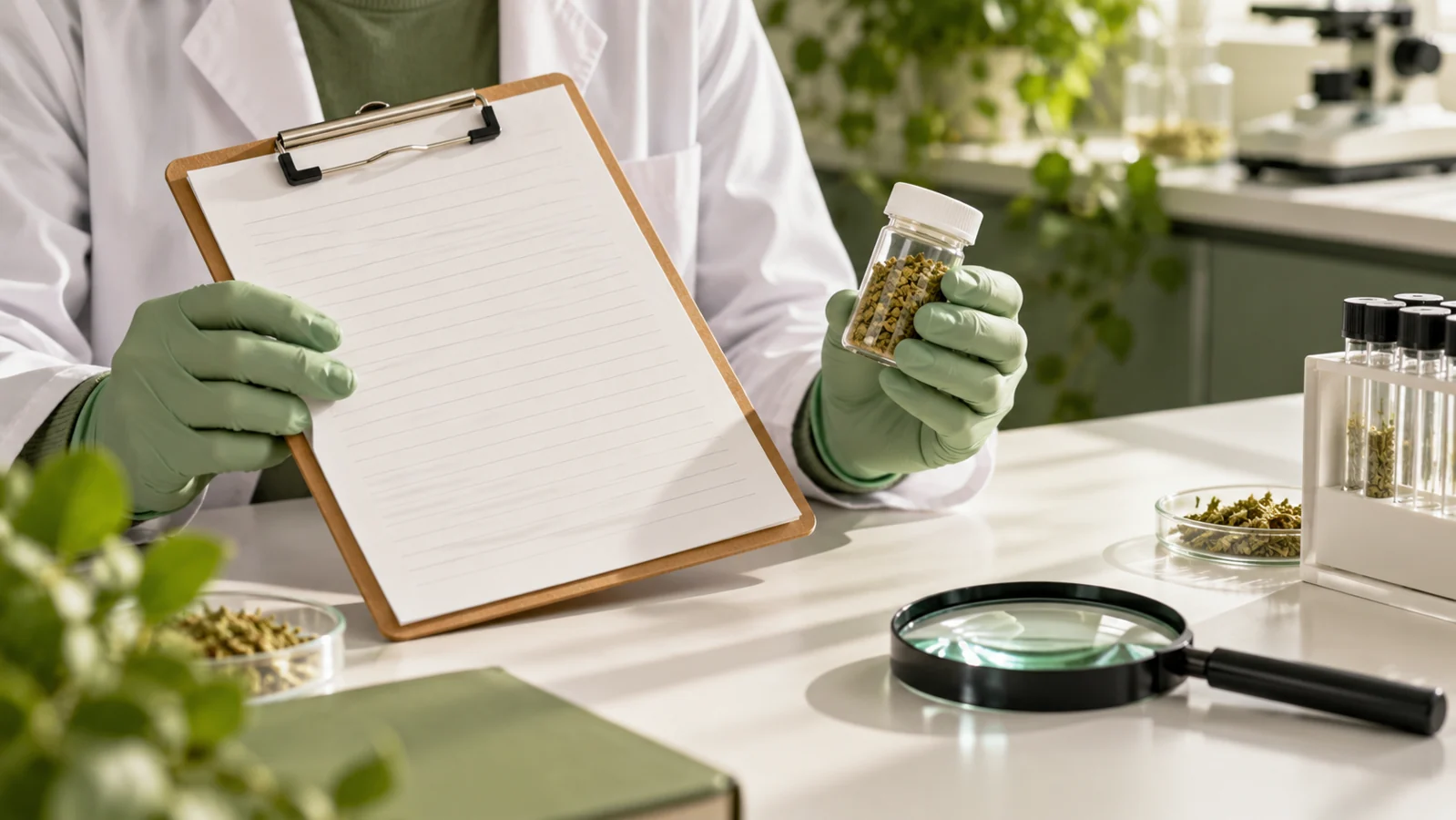 Illustration of gloved hands holding a blank laboratory clipboard beside a sample bottle.